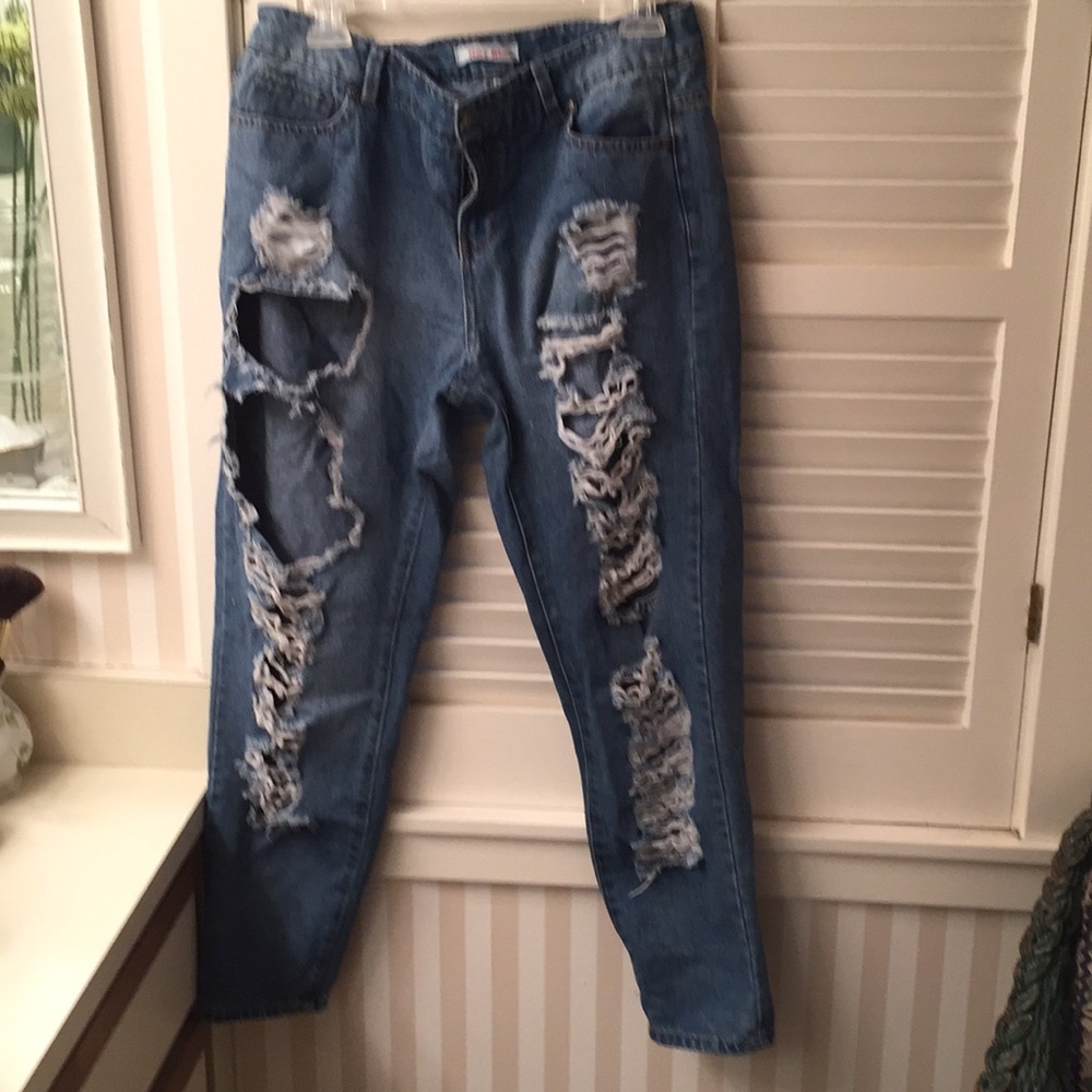Hot Kiss distressed destroyed denim blue jeans